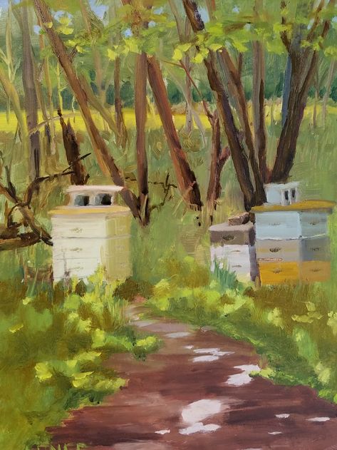 Bess in the Wood, Mary Longe, Oil, 9x12" Save The Bees series, 6/19 On display, The Buzz, Bees and Beekeepers, Paintings by Mary Longe, at Crimera Loft, Evanston IL 6/22-7/28. Artist Talk, 7/27. Bee Farm, Bee Painting, Farm Paintings, Save The Bees, Bee Keeping, Bee Hive, Agriculture, Plein Air, Art Works