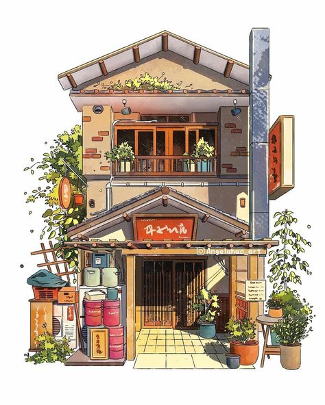 The Most Charming Facades Created Digitally By Artist Angela Hao Angela Hao, Japanese House Drawing, Japanese Houses, Japanese Buildings, Japanese Town, Building Drawing, Watercolor Architecture, Building Illustration, House Sketch