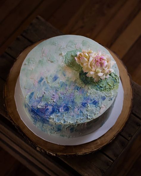 All buttercream impressionist style painted cake inspired by Monet Water Lilies. #weddingcake Monet Party Theme, Monet Themed Party, Artistic Cakes Design, Claude Monet Cake, Claude Monet Wedding Theme, Water Lily Cake, Monet Inspired Cake, Monet Wedding Inspiration, Water Lily Cake Design