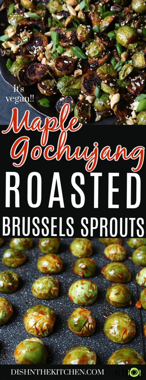 Maple Gochujang Roasted Brussels Sprouts are a delicious side dish featuring tender Brussels Sprouts tossed with sweet and spicy maple gochujang sauce then caramelized to perfection. #vegetables #brusselssprouts #sidedish #gochujang Gochujang Recipes, Vegetarian Entree, Gochujang Recipe, Gochujang Sauce, Roasted Brussel, Roasted Brussels Sprouts, Sprout Recipes, Brussels Sprouts Recipe, Best Side Dishes