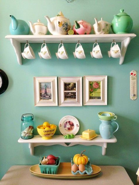 Storage ideas for a clutter-free home. Part 3: The Kitchen - Renotalk.com™ Nyc Kitchen, Tea Cup Display, Kitchen Design Color, Trendy Kitchen, Kitchen Colors, A Shelf, Tea Room, Wall Color, Kitchen Wall