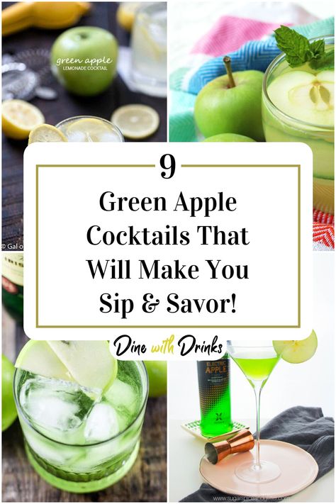 Collage of 4 green apple cocktails. Drinks With Sour Apple Pucker, Green Apple Ciroc Mixed Drinks, Green Apple Cocktail Recipes, Green Apple Schnapps Drinks, Green Apple Vodka Cocktails, Sour Apple Schnapps Drinks, Green Apple Alcohol Drinks, Green Apple Drinks Alcohol, Sour Apple Cocktails