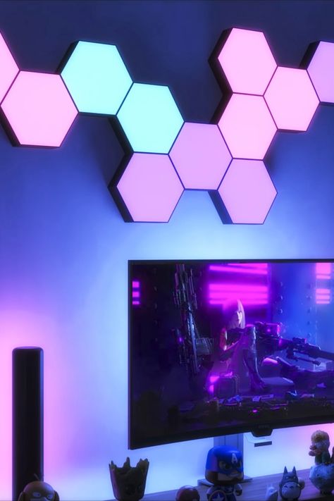 Light Up Hexagon Tiles, Hexagon Led Lights, Gaming Lights Design, Hexagon Wall Lights, Led Light House Aesthetic, Hexagon Lights Wall Design, Gamer Room Design Modern, Led Light Strip Ideas Bedrooms, Gaming Room Lights