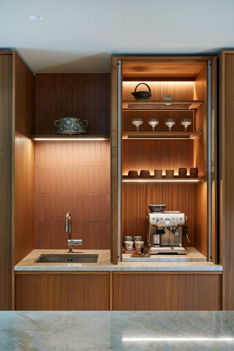 Islington | West & Reid Hotel Kitchenette, Corner Home Bar, Vip House, Hotel Minibar, Kitchenette Design, Home Bar Ideas, Kitchen Extractor, Home Bar Rooms, Seating Ideas