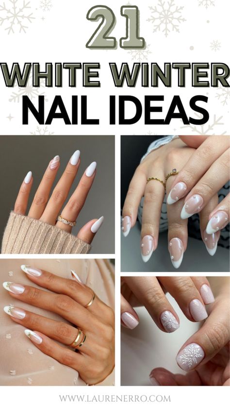 21 White Winter Nail Ideas | Lauren Erro White Nails Matte Short, Nails White Silver Glitter, Holiday White Nails Christmas, Winter Engagement Nails Ideas, White Nails Holiday, Neutral Almond Nails Winter, Off White Christmas Nails, Seasonal Nails Winter, Winter White Nails Short