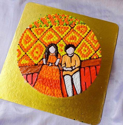 Haldi ceremony ; haldi cake,haldi theme cake Holud Cake Designs, Gaye Holud Cake Design, Cake For Haldi Ceremony, Haldi Cake Design For Bride, Haldi Theme Cake, Mehndi Cake Ideas, Haldi Cake Design, Haldi Cake, Mehendi Cake