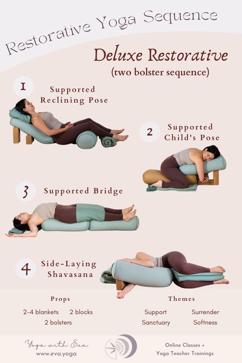 My favourite sequence using TWO bolsters and plenty of restorative yoga props Restorative Yoga With Props, Prenatal Restorative Yoga, Prenatal Yin Yoga, Yin Yoga Poses With Props, Restorative Yoga Poses With Props, Yin Yoga Bolster, Yoga Restorative Poses, Full Moon Restorative Yoga, Yin Yoga With Bolster