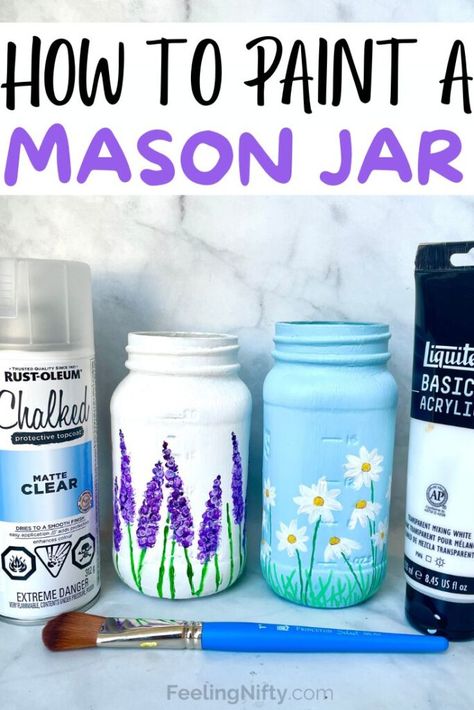 Painting Mason Jars With Acrylic Paint, Bramble Basket, Black And White Acrylics, Light Purple Paint, Mason Jar Painting, Painting Ideas Flowers, Easy Diy Painting, Draw A Candle, Easy Mason Jar Crafts Diy