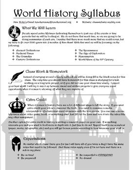 A one page, double sided, world history syllabus for any classroom!  Very basic and can be adapted to any subject.  In a word document so that you may edit the words and pictures if you wish!  An open template that is easily edited to your liking! World History Classroom, 6th Grade Social Studies, Super Teacher, Social Studies Classroom, History Teacher, History Classroom, Social Studies Teacher, Social Studies Activities, Word Document