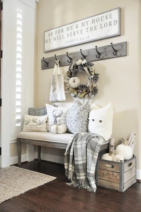 10 Paint Colors for the Farmhouse Style Home - Happily Ever After, Etc. Front Entryway Decor, Rustic Farmhouse Entryway, Vstupná Hala, Diy Home Decor For Apartments, Diy Rustic Home, Hiasan Bilik Tidur, Decor Ikea, Fall Decor Inspiration, Renovation Design