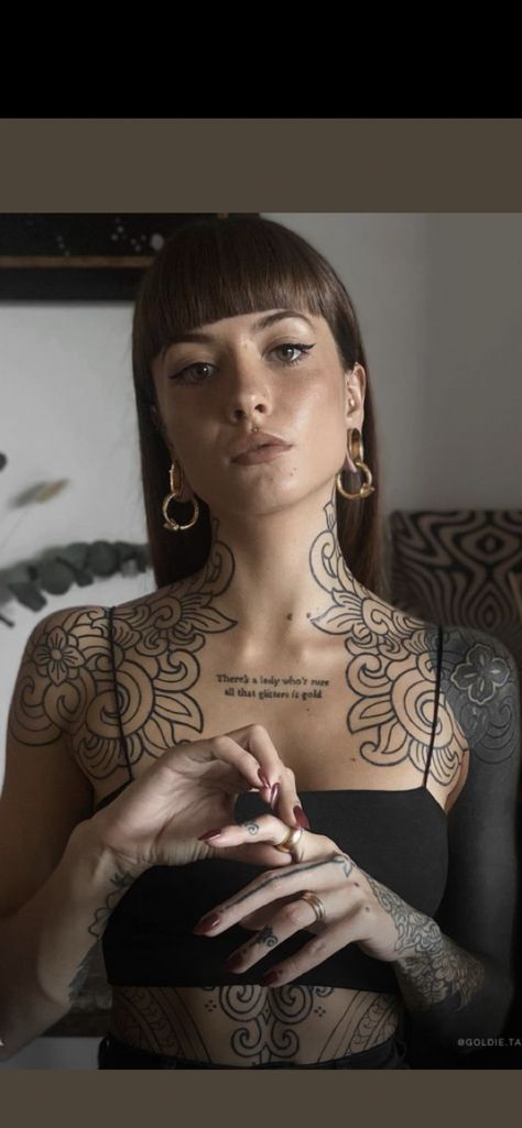 Soft Neck Tattoos Women, Trad Chest Tattoo, Mandala Face Tattoo, Tattoed Women Aesthetic, Head Tattoos Women, Under Chin Tattoo, Chin Tattoo, Neck Tattoo Women, Sarah Tattoo