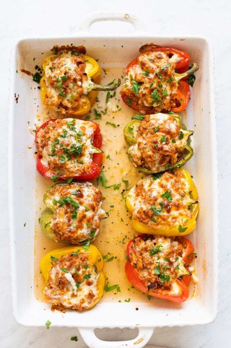 Ground Chicken Stuffed Peppers - iFoodReal.com Ground Chicken Recipes Easy, Ground Chicken Stuffed Peppers, Domestic Science, Ground Chicken Burgers, Recipes With Chicken And Peppers, Clean Eating Chicken, Chicken And Brown Rice, Stir Fry Recipes Chicken, Ground Chicken Recipes