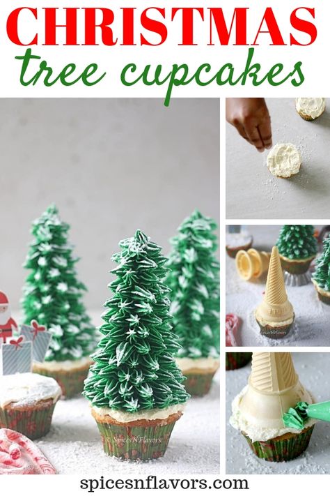 Christmas Tree Cupcakes - An easy diy AWESOME holiday cupcakes ideas that look like snow-covered Christmas trees! Instead of making pull apart cake try these christmas cupcakes made using ice-cream cone and simple buttercream frosting that would make your holiday baking so fun!! Find other ways of making a tree using peanut butter cups, fondant, white royal icing, krispie treats, chocolate and pretzel tree in the post. #christmas #cupcakes #holidaybaking #holidays #diy Buttercream Trees, Frosting Trees, Ice Cream Cone Trees, Christmas Tree Cupcake Cake, Beginners Baking, Tree Cupcakes, Cupcakes Christmas, Christmas Cupcakes Decoration, Christmas Tree Cupcakes