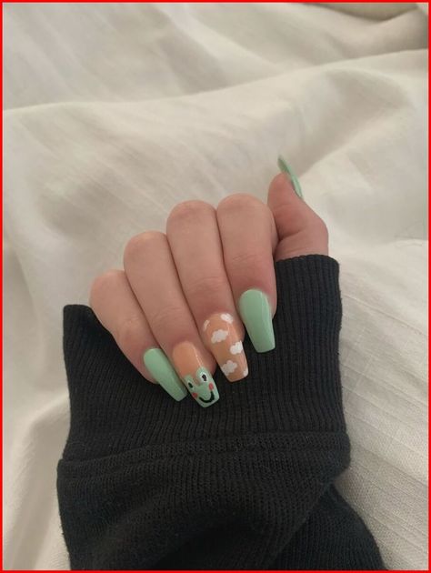 #nails #nailartdesigns #frog #aesthetic Frog Acrylic Nails Coffin, Frog Nails Coffin, 13 Teen Year Old Nails, Nails Frogs, Frog Nails Acrylic, Cute Frog Nails, Frog Nails Designs, Teen Girl Nails, Teen Nail Ideas