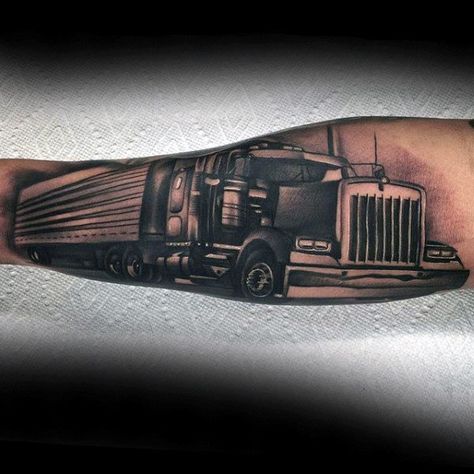 60 Truck Tattoos For Men - Vintage and Big Rig Ink Design Ideas Semi Truck Tattoo Ideas, Truck Tattoos For Men, Semi Truck Tattoo, Trailer Tattoo, Rig Tattoo, Truck Tattoo Ideas, Jesse Tattoo, Thinking Tattoo, Truck Tattoos