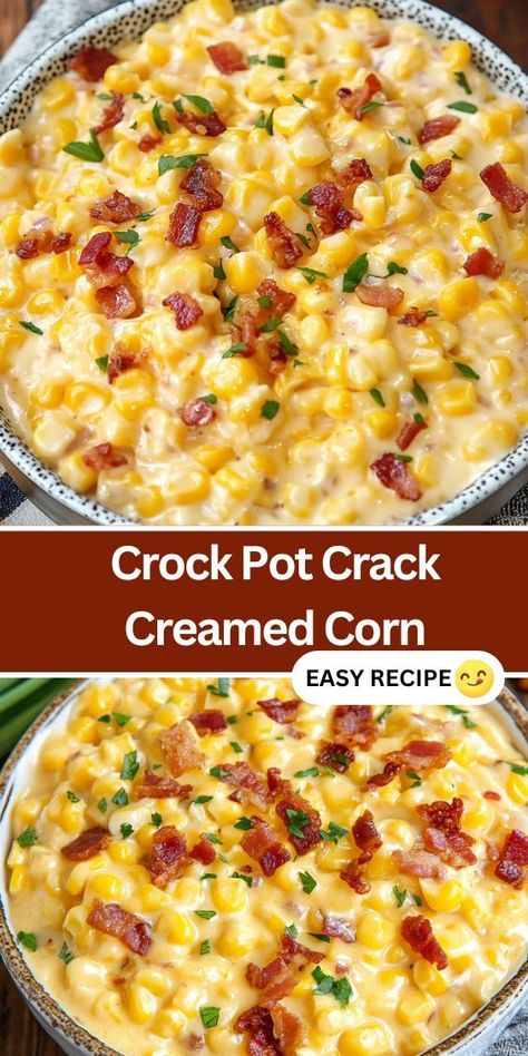 Try this easy Crock Pot Crack Creamed Corn recipe! Made with creamy cheddar cheese, ranch dressing mix, crispy bacon, and sweet corn, it’s the perfect side dish for any meal. Whether you’re hosting a holiday gathering or looking for a simple, flavorful addition to your dinner, this slow cooker recipe will quickly become a favorite. With minimal prep and a few hours in the crock pot, you’ll have a crowd-pleasing dish that’s great for potlucks, BBQs, or family dinners. Bacon Creamed Corn, Crockpot Cheesy Corn Casserole, Cream Corn Crockpot Slow Cooker, Slow Cooker Cheddar Corn With Bacon, Crockpot Christmas Potluck Recipes, Corn Casserole In The Crockpot, Corn Recipes Crockpot, Corn In The Crockpot, Crock Pot Creamed Corn