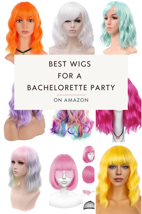 Bachelorette Party Wig Night Outfits, Bachelorette Color Theme Outfits With Wigs, Bach Party Wigs, Fun Wigs For Bachelorette, Wig Out Party, Neon Wigs Bachelorette, Color Theme Bachelorette Party, Wigs For Bachelorette Party, Alter Ego Party