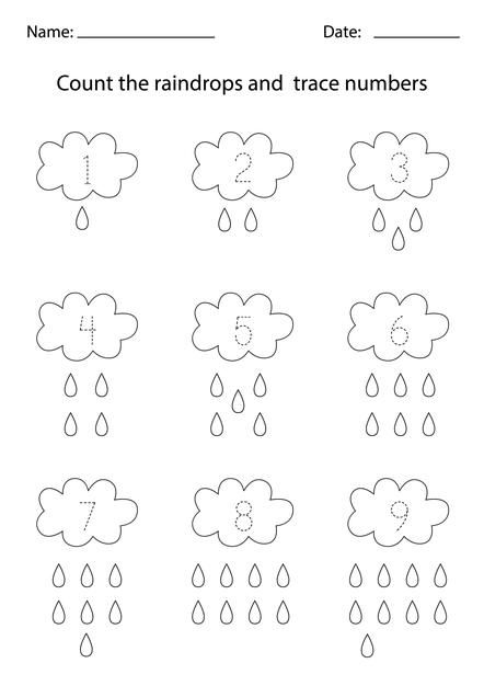 Color the raindrops and trace numbers in... | Premium Vector #Freepik #vector #kids #education #cartoon #color Raindrop Counting Preschool, Counting Raindrops Preschool, Rain Art Activities, Rain Worksheets Preschool, Rain Crafts Preschool, Rain Activities For Preschool, Water Activities Preschool, Rain Activities, Rain Craft