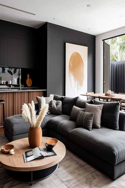 Living Room Decor For Dark Grey Couch, Living Room With Grey Sofas, Accent Chairs For Dark Grey Couch, Slate Gray Couch Living Room, Contemporary Living Room Grey Couch, Dark Grey Leather Sofa Living Room Ideas, Modern Contemporary Living Room Apartment, Rug For Dark Grey Couch, Modern Living Room Dark Couch