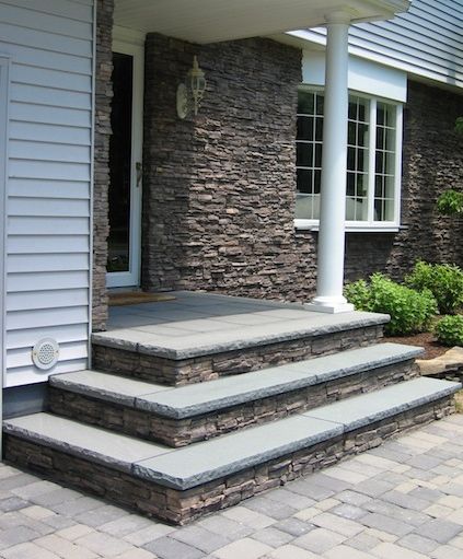 Front Steps Stone, Island Landscaping, Patio Stairs, Stone Porches, Front Porch Steps, Front Door Steps, Porch Stairs, Front Stairs, Patio Steps