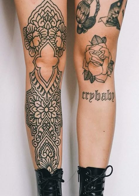 Traditional Tattoos Legs Women, Ladies Shin Tattoo, Ornamental Tattoo Leg Woman, Symmetrical Shin Tattoo, Ornamental Shin Tattoo, Shin Tattoos For Women Ideas, Ornamental Tattoo Leg, Knee Mandala Tattoos, Leg Mandala Tattoo