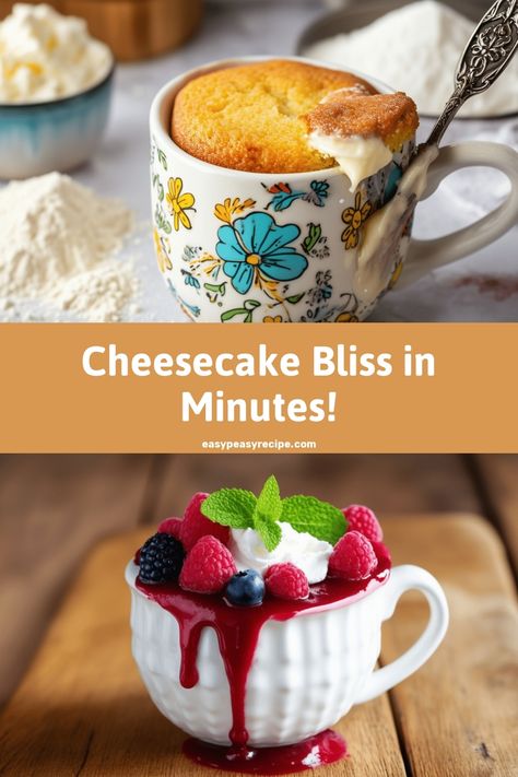 Cheesecake flavored mug cake topped with berries and mint leaves, served in a decorative mug. Cakes For One, Mug Cheesecake Microwave, One Serving Recipes, Personal Cheesecake Recipe, Cream Cheese Mug Cake, Mug Recipes Dessert, Cheesecake Mug Cake, Easy Mug Recipes, Mug Cakes Microwave