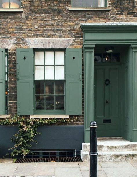 Farrow and Ball Green Smoke shutters door and surround all one color – best front door paint colors Charleston Green, Best Front Door Colors, Green Shutters, Best Front Doors, Green Front Doors, Front Door Paint Colors, Trending Paint Colors, Door Paint Colors, Exterior Paint Color