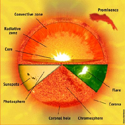 Figure 1. Basic overview of the parts of the sun. The flare, sunspots and the prominence are all clipped from actual SOHO images. Parts Of The Sun, Homeschool Astronomy, Apologia Astronomy, Star Facts, Sun Energy, Solar Energy Facts, Sun Projects, Classical Conversations, Coron