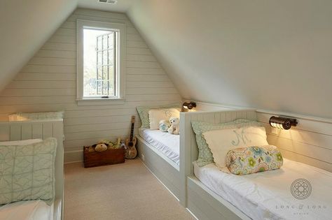 Shared gray attic kids' room is fitted with four light gray shiplap beds placed in pairs, in to end, against opposing walls. Designs Room, Attic Wardrobe, Attic Staircase, Attic Doors, Attic Playroom, Attic Loft, Built In Bed, Attic Flooring, Attic Conversion