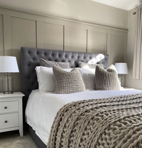 What Colours Go With Elephant's Breath? 8 Dress A Bed, Greige Bedroom, Hotel Style Bedroom, Grey Bed, Grey Bedroom Decor, Stylish Bedroom Design, Sage Green Bedroom, How To Dress A Bed, Bedroom Renovation