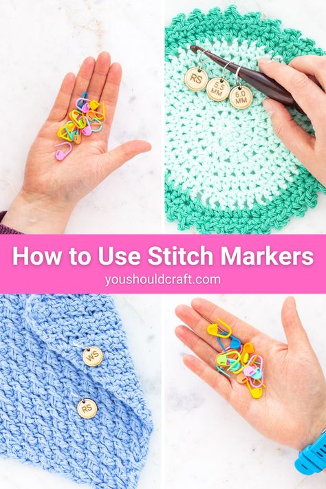 four images of crochet place keepers. pink rectangular overlay with white text reads: how to use stitch markers - youshouldcraft.com How To Use Stitch Markers In Crochet, Advanced Crochet Stitches, Advanced Crochet, Crochet Tools, Crochet Potholders, Types Of Stitches, Magic Circle, Crochet Stitches Tutorial, Crochet Stitch