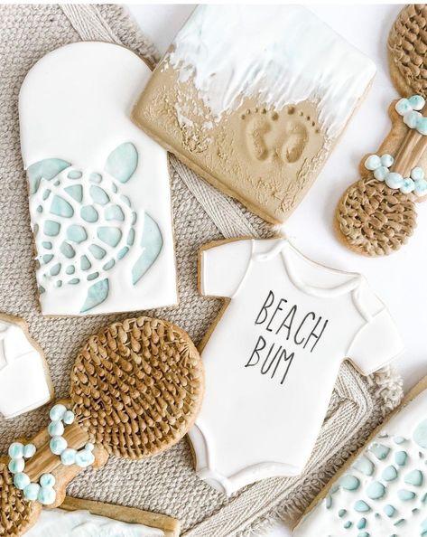 Beach Boy Baby Shower Theme, Beach Baby Shower Cookies, Baby On Board Cookies, Beach Cookies Decorated, Beach Party Food Ideas, Baby On Board Baby Shower Ideas, Beach Baby Shower Theme, Name Cookies, Surfer Baby Shower