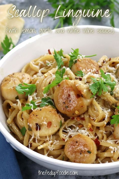 Scallop Linguine is an incredibly easy and fast pasta dish that brings together seared scallops and perfectly cooked linguine in a lemon garlic white wine sauce. This dish is elevated with the unique brininess of capers and anchovy fillets making it a delicious seafood pasta experience that is both elegant and comforting. #ScallopLinguineRecipes #ScallopLinguine #ScallopLinguinePasta #ScallopDinnerIdea #ScallopPasta #ScallopPastaRecipe #EasyScallopPastaRecipe Scallops And Pasta, Scallop Linguine, Fast Pasta, Lemon Pesto Pasta, Scallop Recipes Pasta, Sauteed Scallops, Garlic White Wine Sauce, Anchovy Pasta, Scallop Pasta