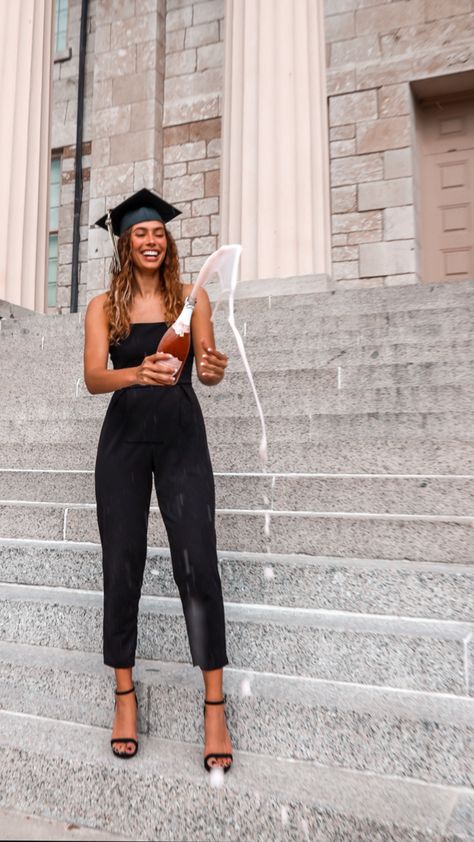 Graduation Outfit Ideas Black Gown, Phd Graduation Outfit Ideas, Doctorate Graduation Dress, Winter Graduation Outfit College Classy, Graduation Outfit Ideas Masters Degree, Black Graduation Gown Outfit, University Grad Dress, Med School Graduation Outfit, Graduation Dress Masters Degree