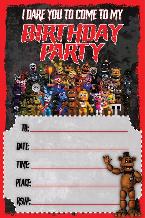 Fnaf Birthday Party Invitations, Fnaf Birthday Invitations, Fnaf Birthday Cards, Fnaf Themed Birthday Party, Party Cards Invitation, Five Nights At Freddy's Birthday Ideas, Fnaf Birthday Party Ideas, Birthday Invitations Ideas, Bday Invitation Card