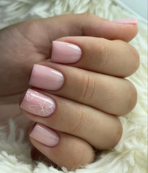 Short Gel Nail Designs Butterfly, Cute Simple Butterfly Nails, Short Acrylic Nails Designs Pink Butterfly, Short Butterfly Nail Designs, Normal Nails Design Short, Gel Polish Nail Designs Butterfly, French Tip And Butterfly Nails, Light Pink Nails Butterfly, Nail Ring Finger Design