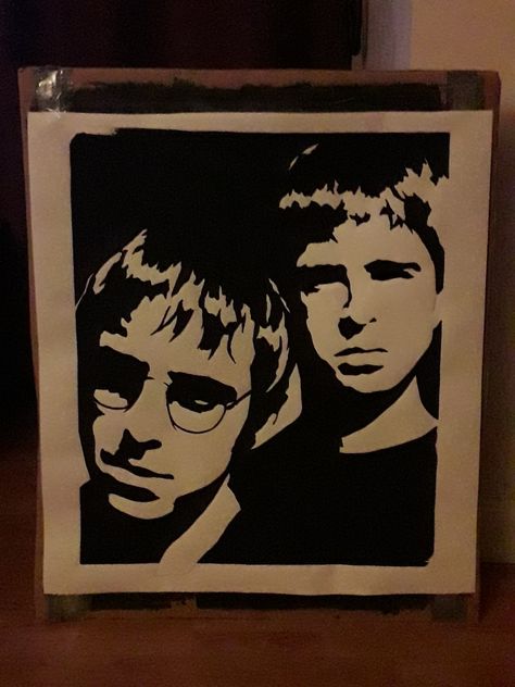 Oasis stencil painting by Roy Oasis Artwork, Oasis Drawing, Pumpkin Carving Designs, Lino Prints, Selfie Inspo, Nice Art, Cartoon Portrait, Carving Designs, Outline Drawings