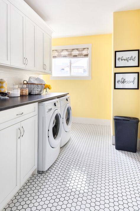 The Best Countertops for Your Laundry Room; Before and After Yellow Laundry Room, Yellow Laundry, Yellow Laundry Rooms, Best Countertops, Laundry Room Paint, Laundry Room Countertop, Laundry Room Colors, Maria Killam, Cheap Countertops