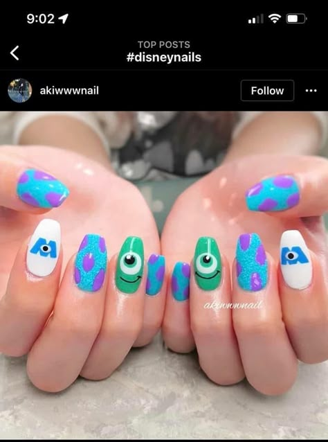 Monsters Ink Nails, Bluey Cartoon Nails, Mike Wazowski Nails, Monsters Inc Nail Art, Monster University Nails, Cartoon Nail Ideas, Disney Cruise Nails, Pixar Nails, Monster Inc Nails