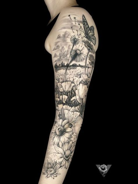 Woodland Leg Tattoo, Whimsical Half Sleeve Tattoo, Meadow Tattoo Sleeve, Wildflower Field Tattoo, Field Of Flowers Tattoo, Flower Field Tattoo, Wildlife Tattoo Women, Nature Leg Sleeve, Grey Floral Tattoo