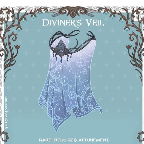 Diviner’s veil - the embroidered silk of this veil depicts a complex star Chart that seems to shift over time. Wearing the veil gives a… James Gifford, Fantasy Items, Dnd Accessories, Artifact Art, Dnd Crafts, Dnd Stories, Dungeon Master's Guide, Rpg Ideas, D D Items