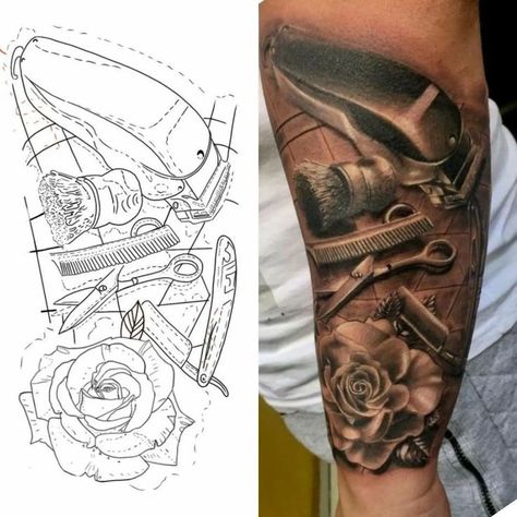 Barber Tattoo Design, Barber Shop Tattoo Ideas, Barber Sleeve Tattoo, Hairdresser Sleeve Tattoo, Clipper Tattoo Barber, Hairdresser Tattoos, Evolution Tattoo, Barber Tattoo, Skull Rose Tattoos