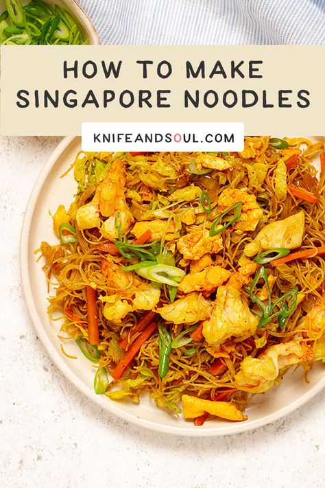 Put the takeaway menu down and make the tastiest Singapore Chow Mein (also known as Singapore Noodles) at home in just 30 minutes with this easy recipe. With tasty prawns/shrimp, pork, soft scrambled eggs, fresh veggies, seasoned with fragrant curry powder, and an umami sauce, these noodles are nutritious, healthy, and satisfying. Whether you prefer mild or spicy flavours, you can easily adjust things to your liking (as well as experimenting with different veggies and proteins). Singapore Chow Mein, Singapore Noodles Chicken, Chow Mein Noodles Recipe, Cantonese Chow Mein, Umami Sauce, Salt And Chilli Chicken, Singapore Noodles Recipe, Soft Scrambled Eggs, Chicken And Sweetcorn Soup