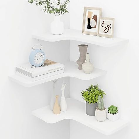 Homode Corner Floating Shelves, Set of 3 Corner Wall Shelves with Wire Hole, L-Shaped Wood Hanging Storage Shelf for Wall Decor, for Bathroom Kitchen Bedroom, White, #Decor White Corner Shelf, Small Kitchen Diy, Corner Floating Shelves, L Shaped Shelves, Wall Decor For Bathroom, Shelf For Wall, Hanging Storage Shelves, Wall Storage Shelves, Decor For Bathroom