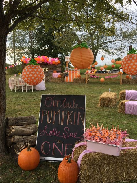 Pumpkin and pink party. First birthday party. Pumpkin party. Our little pumpkin is one. Fall party. For more: Instagram @ihavethecoolestgoatever Lil Pumpkin Birthday Party, Pumpkin Turning One Party, Fall Festival First Birthday Party, Our Pumpkin Is One, Hanging Pumpkins, Pumpkin Patch Birthday Party, Orange Lantern, Pumpkin Patch Birthday, Fall First Birthday