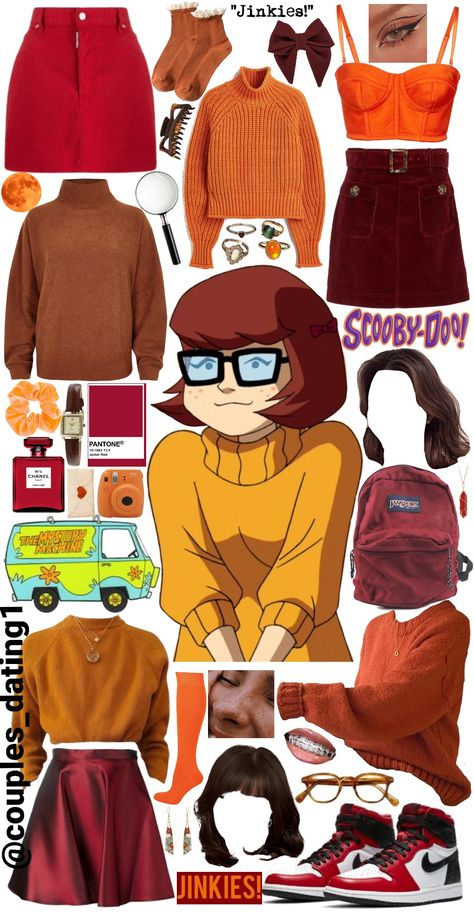 A collage of clothing and accessories used to create a Velma (Scooby Doo) DIY costume. Lots of orange and red. Group costume. Thelma Costume Halloween Scooby Doo, Fred Inspired Outfit Scooby Doo, Velma Outfit Aesthetic, Halloween Costumes Scooby Doo Gang, Scooby Doo Dress Up, Thelma Scooby Doo Costume, Velma Costume Aesthetic, Mystery Inc Costumes, Scoby Doby Doo Halloween Costumes