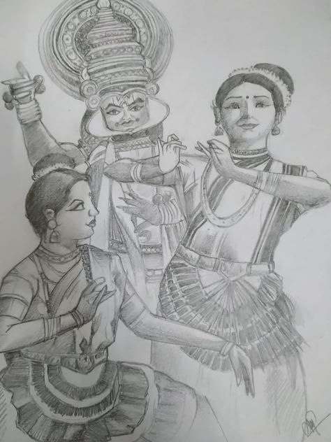 Pencil sketch on Kathakali and Mohiniyattam Mohiniyattam Drawing, Wedding Drawing, Dancing Drawings, Mandala Art Therapy, Mandala Design Art, Art Drawings Sketches Creative, Aari Work, Girl Sketch, Art Therapy