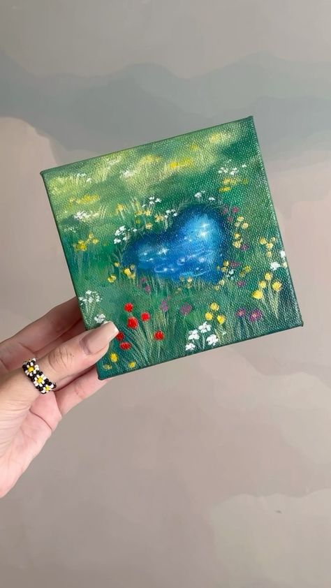 Cute Matching Paintings, Canvas Friends Painting, Small Paintings Aesthetic, Pond Canvas Painting, Painting Ideas On Canvas Nature, Shelly Clouds, Pond Drawing, Cottagecore Painting, Stella Art