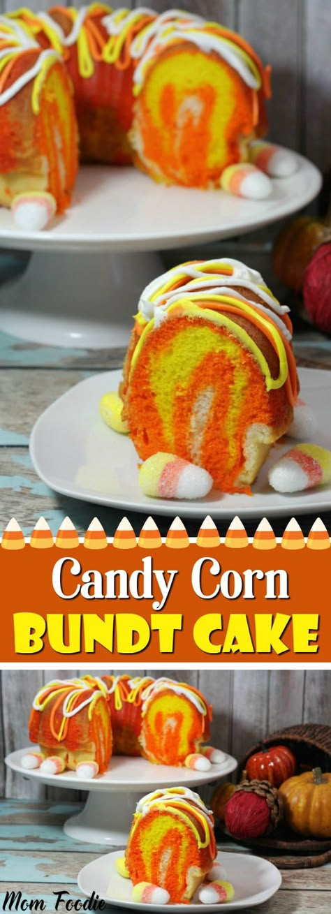 Candy Corn Bundt Cake #fall #autumn #bundt #cake #halloween #thanksgiving Candy Corn Recipe, Pasteles Halloween, Bundt Cake Recipe, Fall Desserts Easy, Halloween Dessert, Corn Cakes, Savory Cakes, Halloween Baking, Oreo Dessert