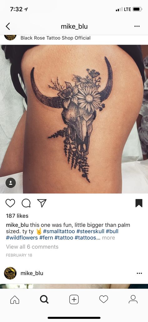 Steer Head Tattoo With Flowers, Longhorn Tattoo, Wildflower Tattoo, Bull Tattoos, Head Tattoos, Pretty Tattoos, Flower Tattoos, Cute Tattoos, Flower Tattoo